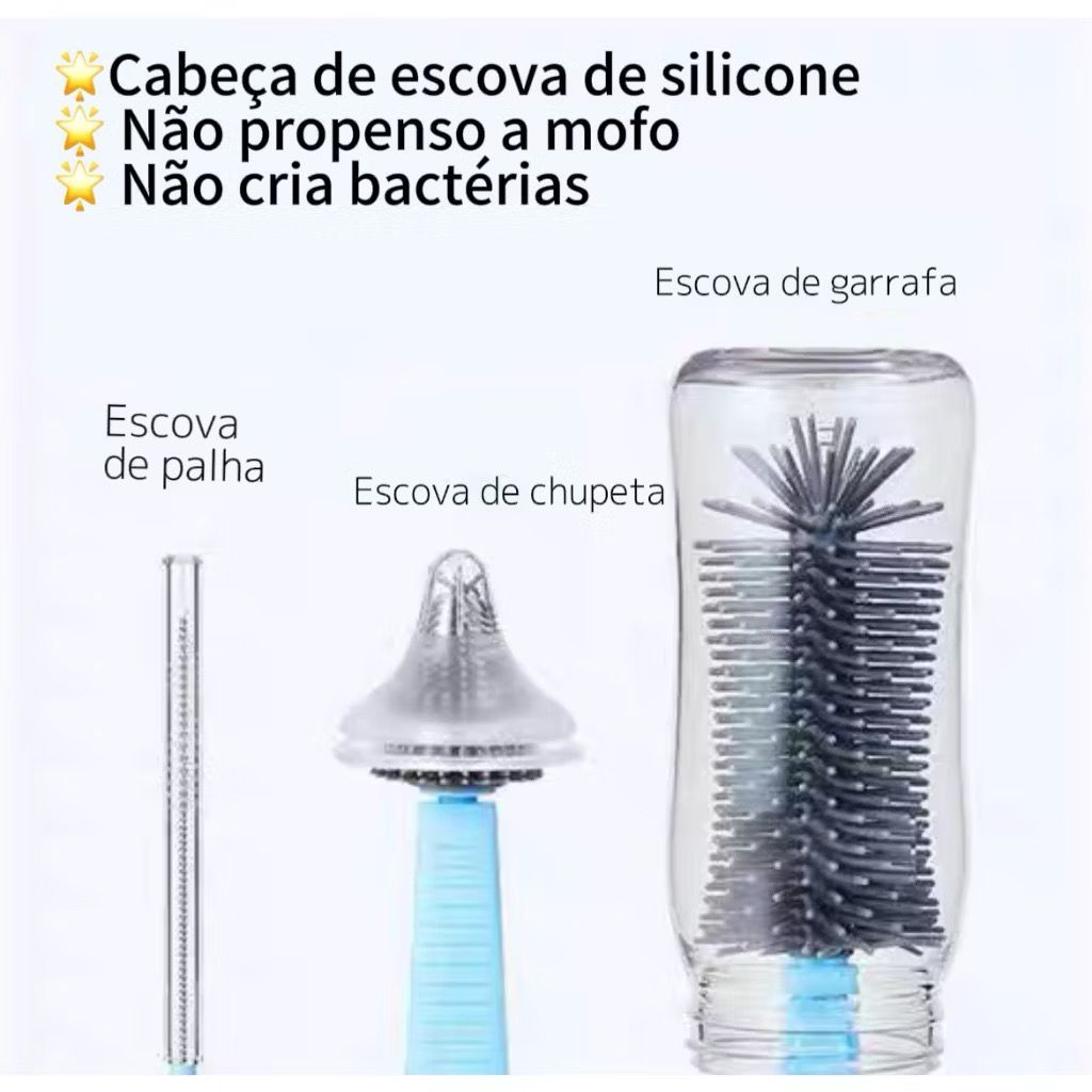 Kit Escova Higiene Lavar 4 em 1 para Copo, Garrafa, Mamadeira Portátil Viagem de Silicone e Suporte
