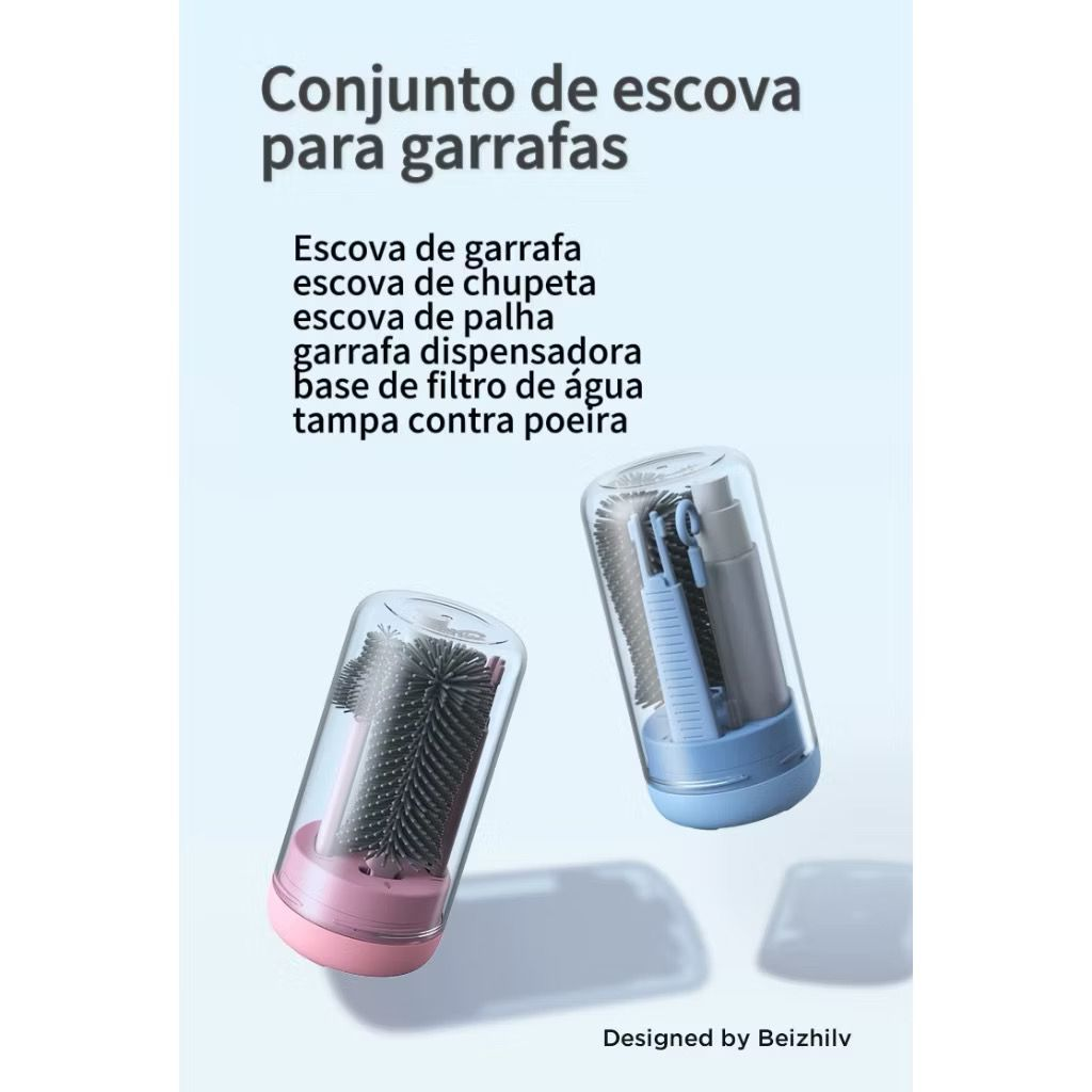 Kit Escova Higiene Lavar 4 em 1 para Copo, Garrafa, Mamadeira Portátil Viagem de Silicone e Suporte