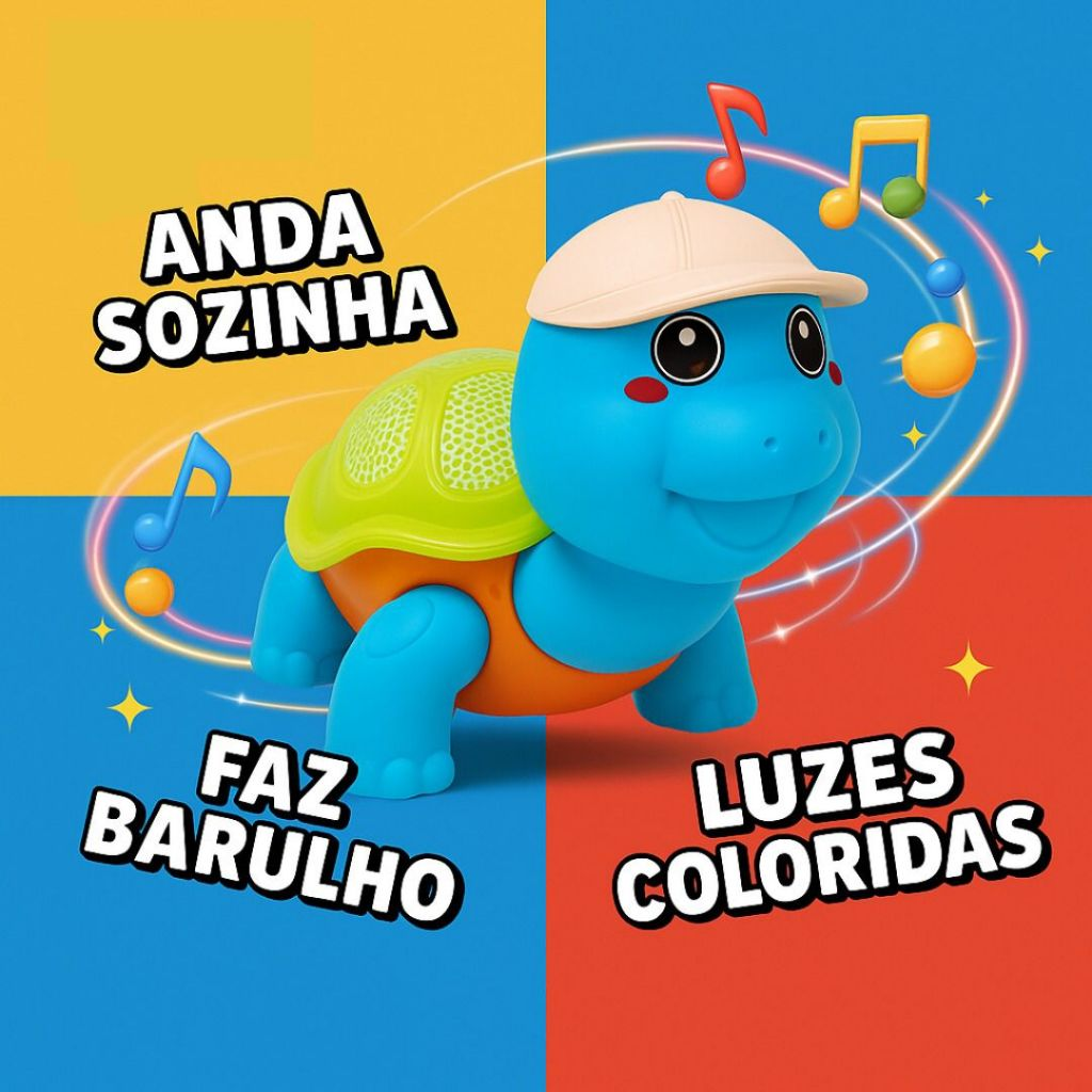 Brinquedo Tartaruga Que Anda Com Som Luz Colorida Interativa Elétrico Estimula Coordenação Motora