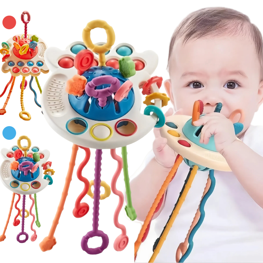 MEDOOSI Brinquedo Montessori Tátil para Bebês de Polvo Puxável Interativo Sonoro Mastigável Desenvolvimento Sensorial